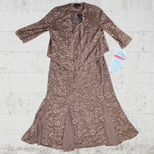 90s Vintage Bronze Midi Dress Brown Sequin Floral Lace Column Midi Dress Size 12